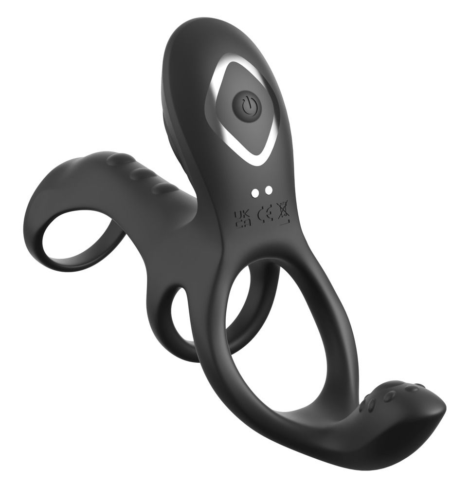 Schwarzes C-Ringz-Produkt mit Bedienfeld. Mit zwei Ringen und einem Aufsatz. Power-Taste und Kontrollleuchten.