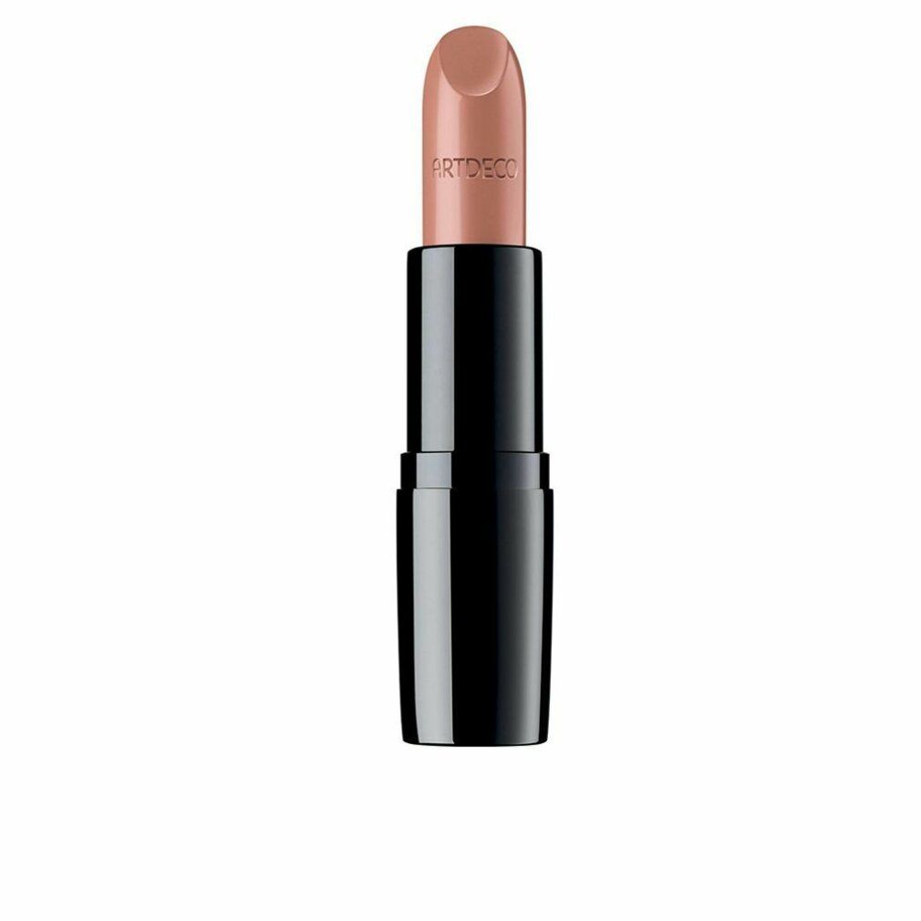 Lippenstift in Nude-Farbe. Schwarze Hülse, Produktname ARTDECO. Geöffnete Lippenstiftspitze.