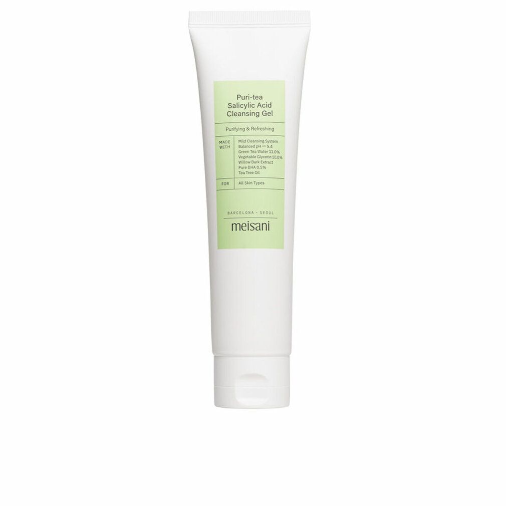 Weiße Tube mit grünem Etikett. Text: Puri-tea Salicylic Acid Cleansing Gel. Marke: meisani.
