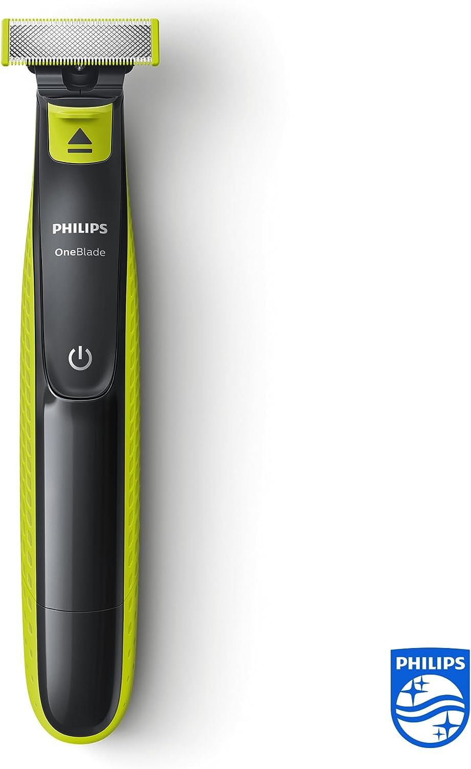Schwarz-gelber elektrischer Rasierer. Philips OneBlade-Logo. Auf weißem Hintergrund.