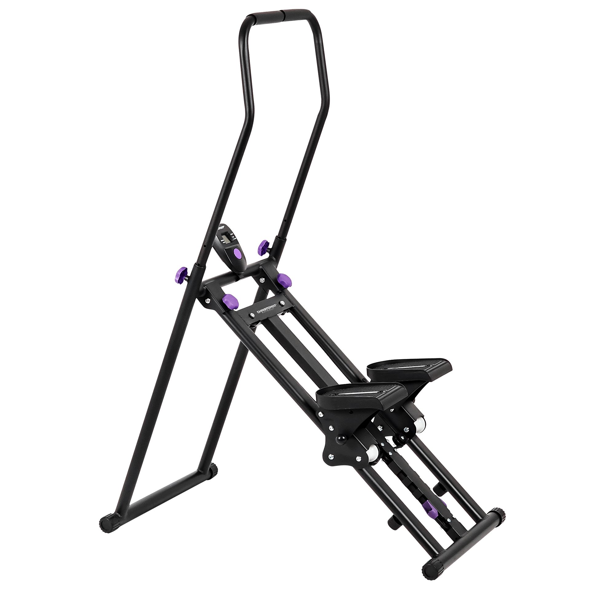 Crosstrainer Climber 1000. Schwarzer Rahmen, lila Akzente. Griffe, Pedale, digitales Display. Schräge Ansicht.