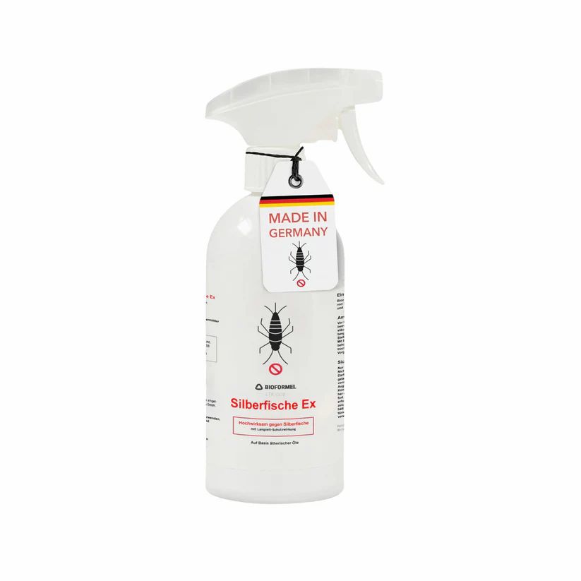 Weiße Sprühflasche mit Etikett 'Made in Germany'. Text: 'Silberfische Ex'.