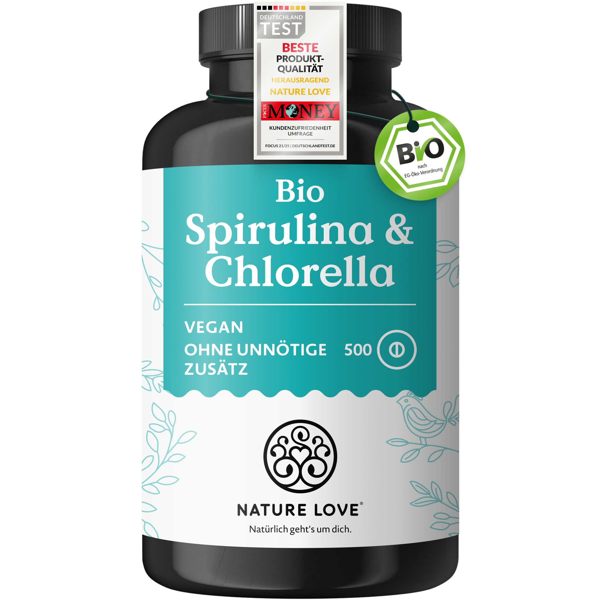 Flasche Bio Spirulina & Chlorella mit Bio-Siegel und Auszeichnung.