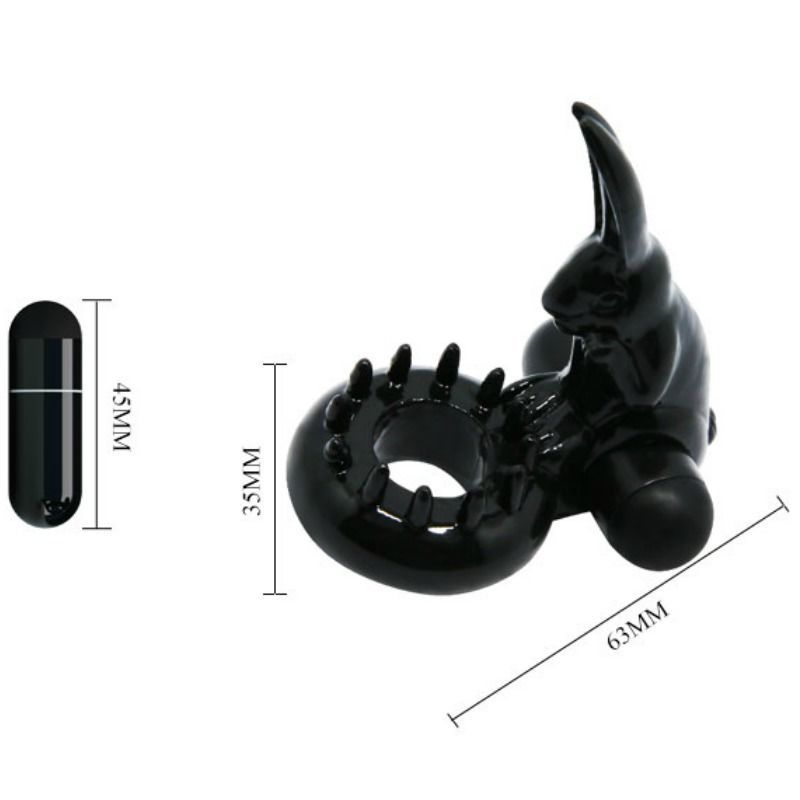 Schwarzer Vibrationsring mit Hasen-Design. Abmessungen: 63x35x45mm. Ring mit Noppen, Hase mit Ohren.