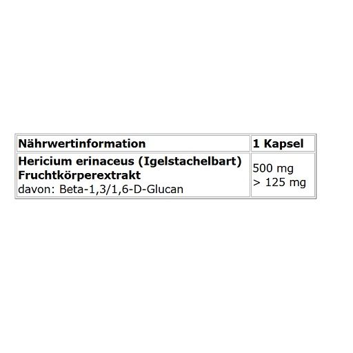 Nährwertinformationen für eine Kapsel. Enthält Hericium erinaceus und Beta-1,3/1,6-D-Glucan.