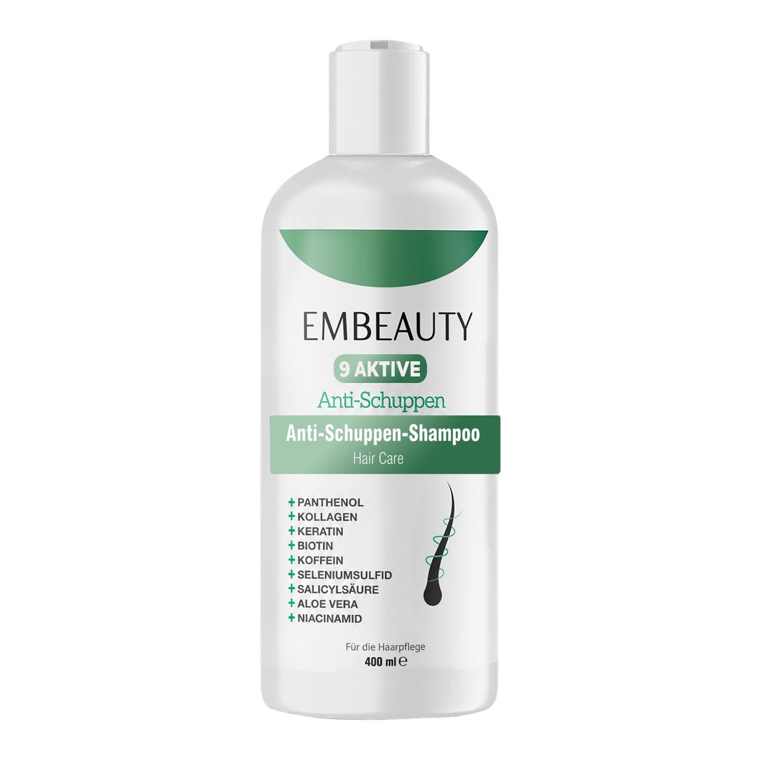 Weiße Flasche mit grünem Etikett für Anti-Schuppen-Shampoo. Enthält Panthenol, Kollagen, Keratin, Biotin, Koffein, Selensulfid, Salicylsäure, Aloe Vera, Niacinamid. 400 ml.