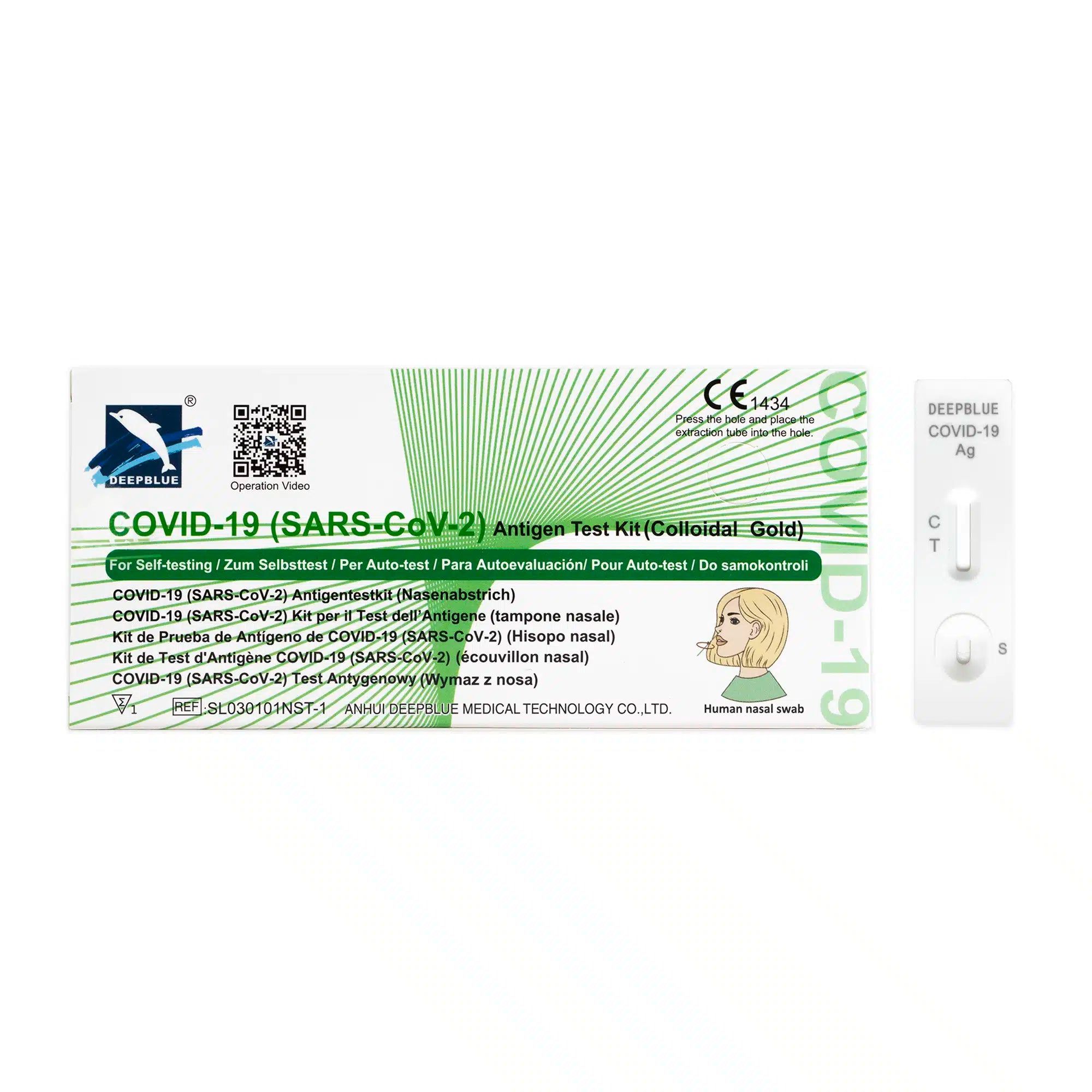 COVID-19 Antigen Test Kit-Packung und Teststreifen. Logo: blauer Delphin. Text in mehreren Sprachen.