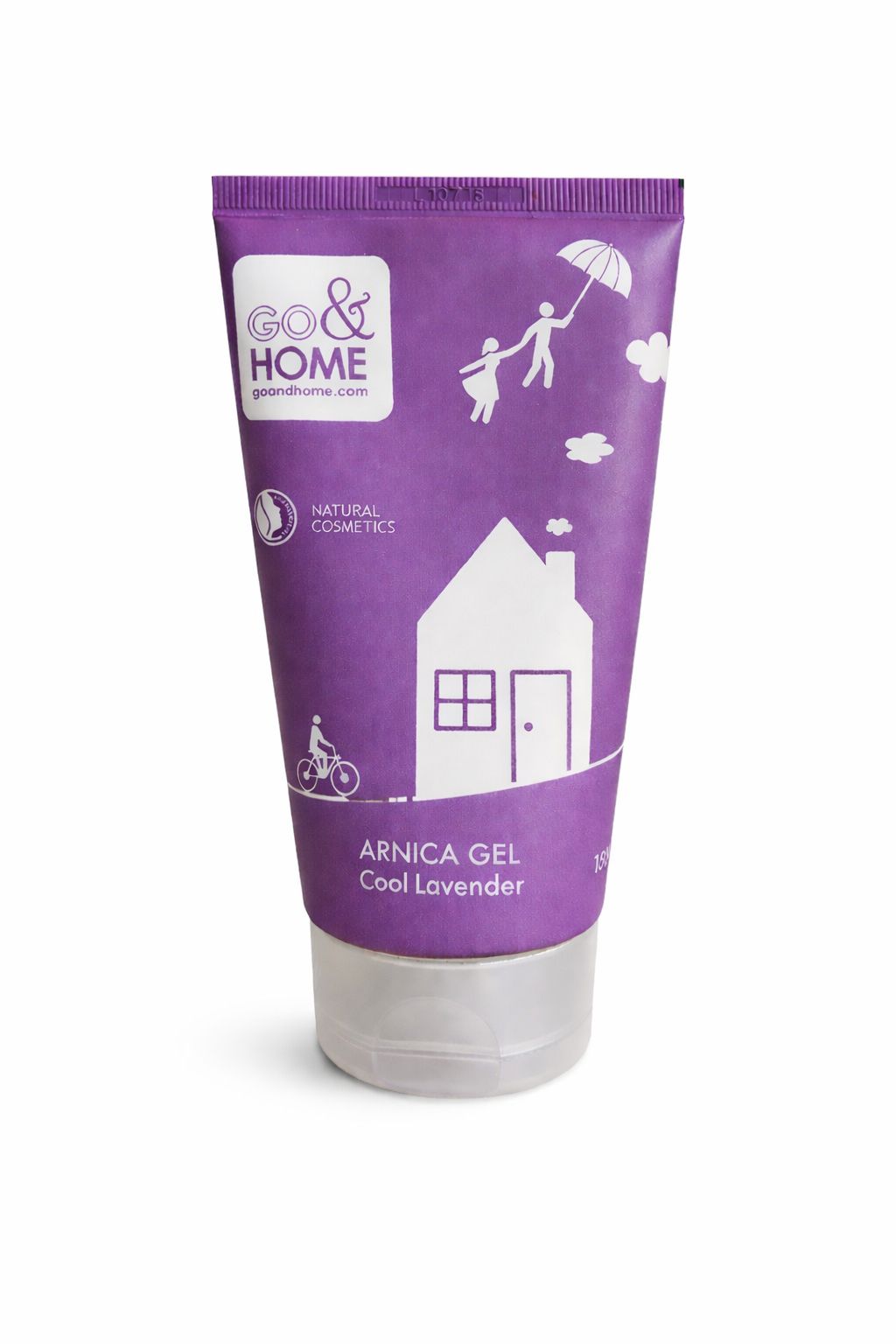 Lila Tube mit weißem Aufdruck. Text: Arnica Gel Cool Lavender. Logo: Go & Home. Auf weißem Hintergrund.