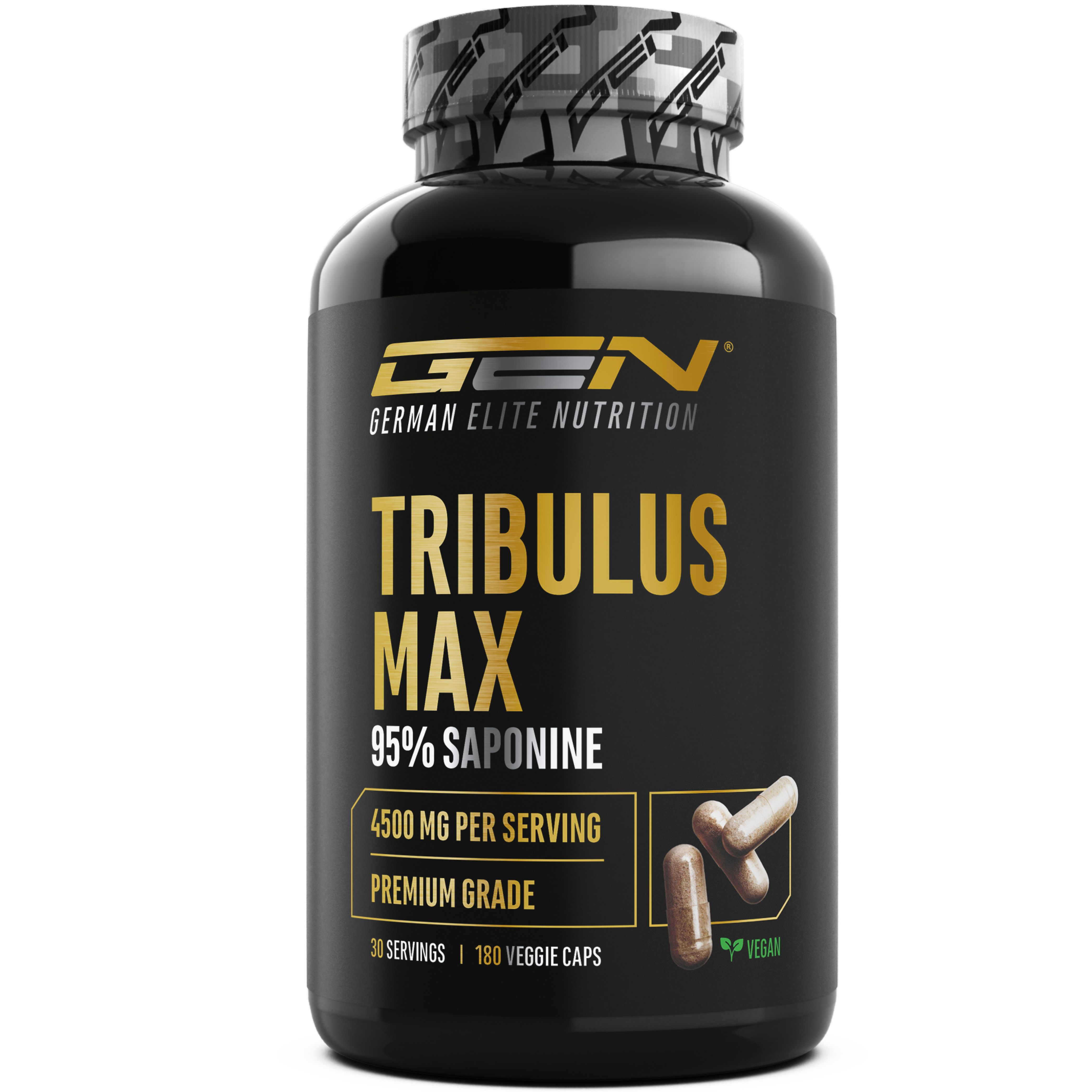 Schwarze Flasche GEN Tribulus Max. Enthält 95% Saponine, 4500 mg pro Portion, 180 Veggie Caps. Produktname und Logo deutlich sichtbar.