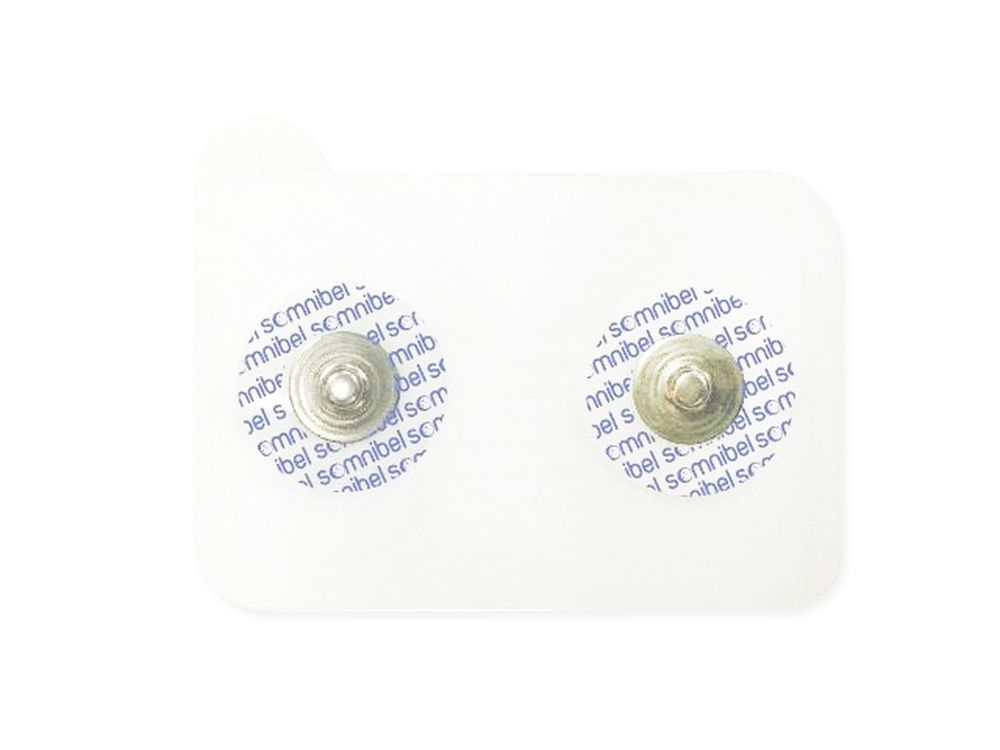 Zwei runde Klebepads mit Metallknopf auf weißem Träger. Aufdruck mit Markenlogo.