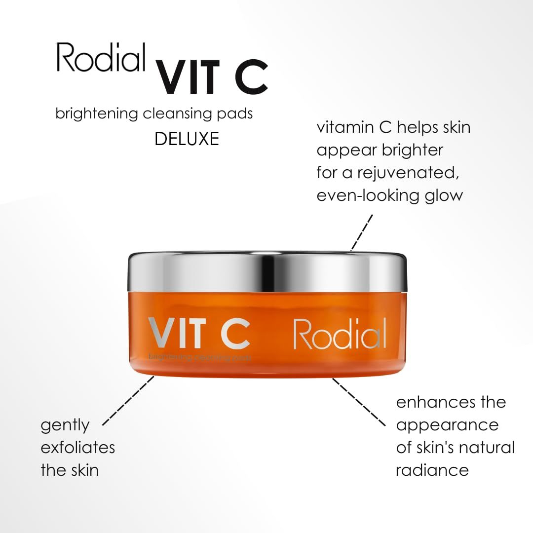 Runde, orangefarbene Dose mit silbernem Deckel. Aufschrift: VIT C Rodial. Text: Brightening Cleansing Pads. Zusätzliche Textbeschreibungen.