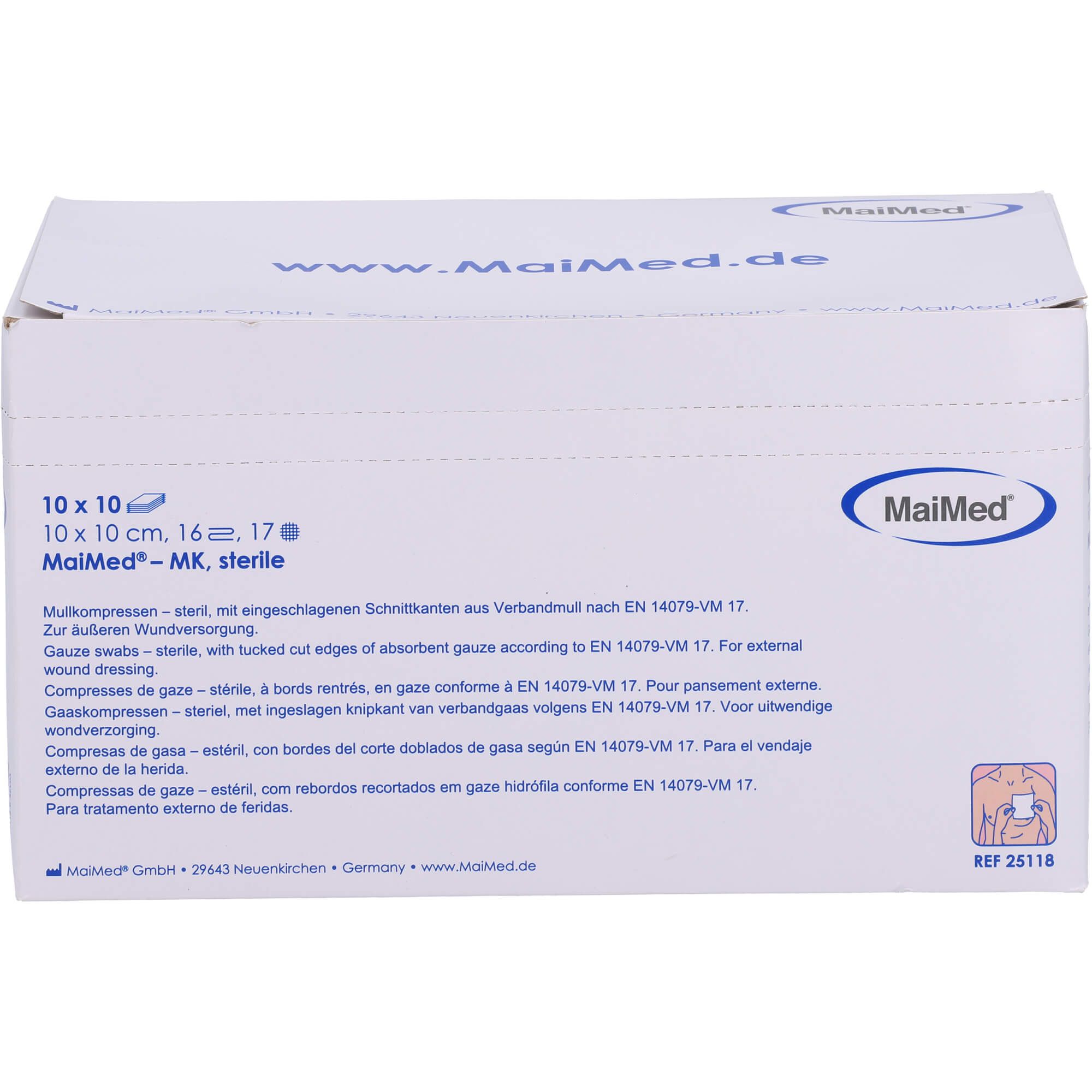Weißer Karton mit Produktinformationen. Aufdruck: MaiMed, 10x10 cm, MK, steril. Text in mehreren Sprachen.