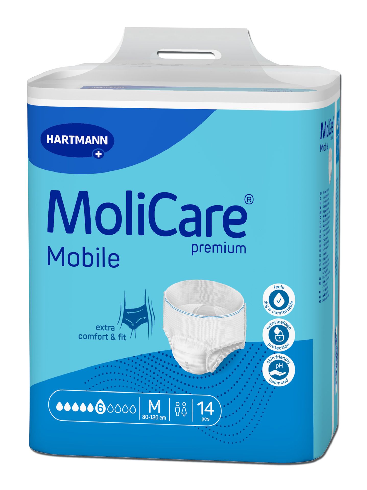 Verpackung MoliCare Mobile Premium. Blaue Verpackung mit Produktabbildung. Enthält 14 Stück, Größe M, 80-120 cm. Mit Qualitätsmerkmalen.