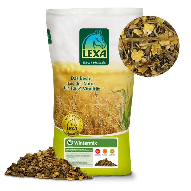 Beutel mit LEXA Wintermix Pferdefutter. Grün-weißes Design mit Logo und Produktbezeichnung. Detailansicht des Futters.