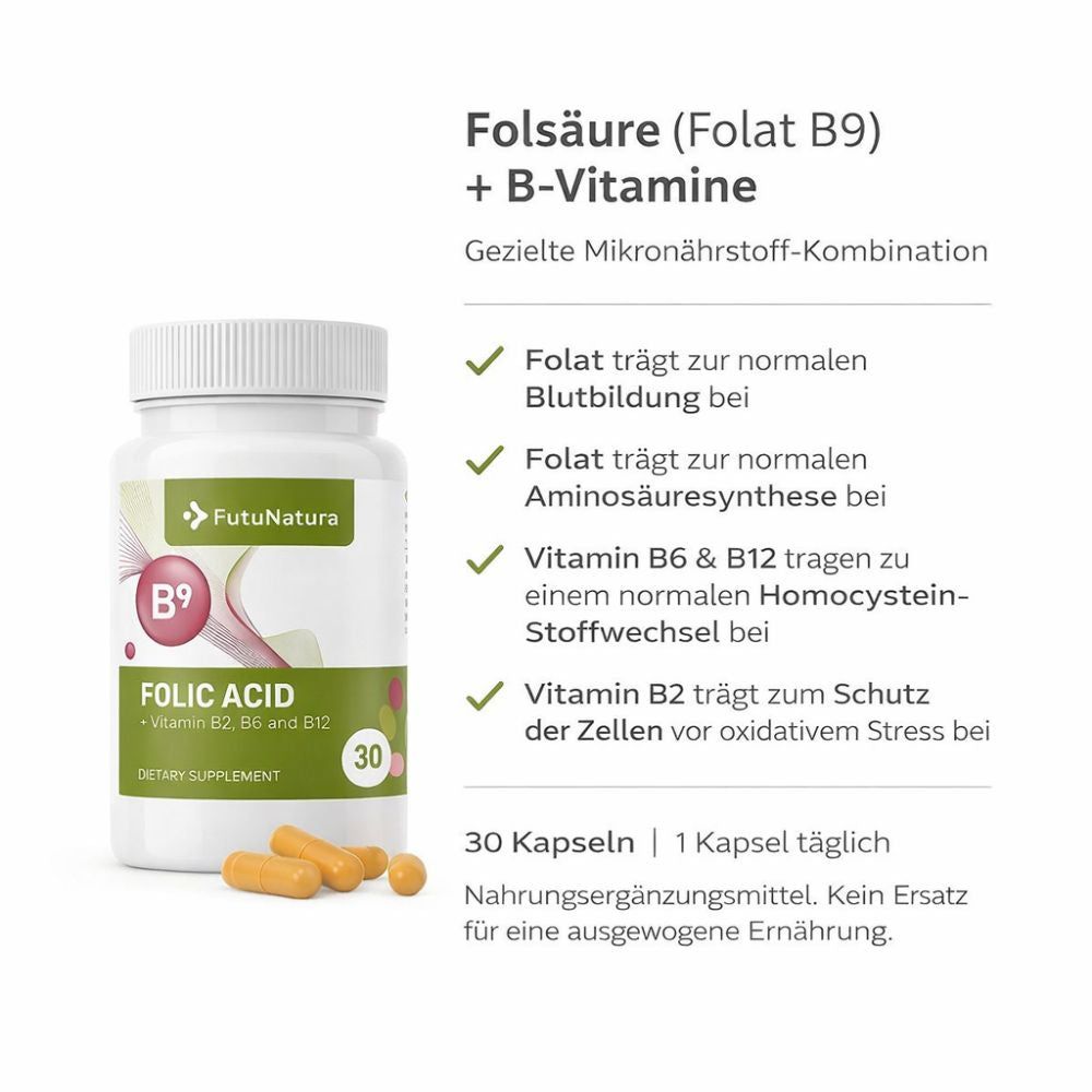 Produktflasche mit Text: Folsäure (Folat B9) + B-Vitamine. 30 Kapseln. 1 Kapsel täglich. Nahrungsergänzungsmittel. Keine Angaben zur Anwendung.