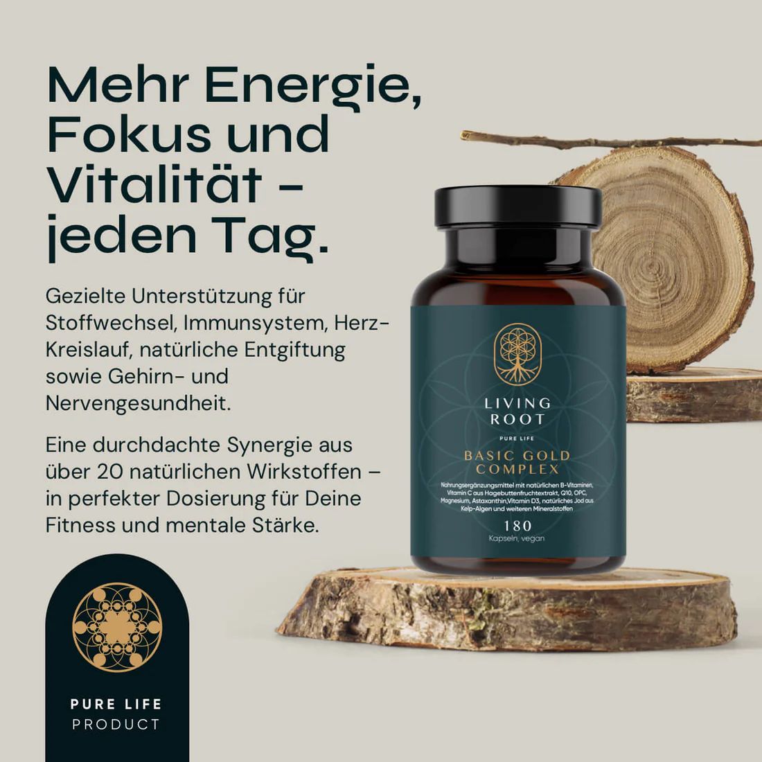 Braune Glasflasche mit schwarzem Deckel. Enthält Kapseln. Aufschrift: Living Root Basic Gold Complex. Auf Holzstücken platziert.