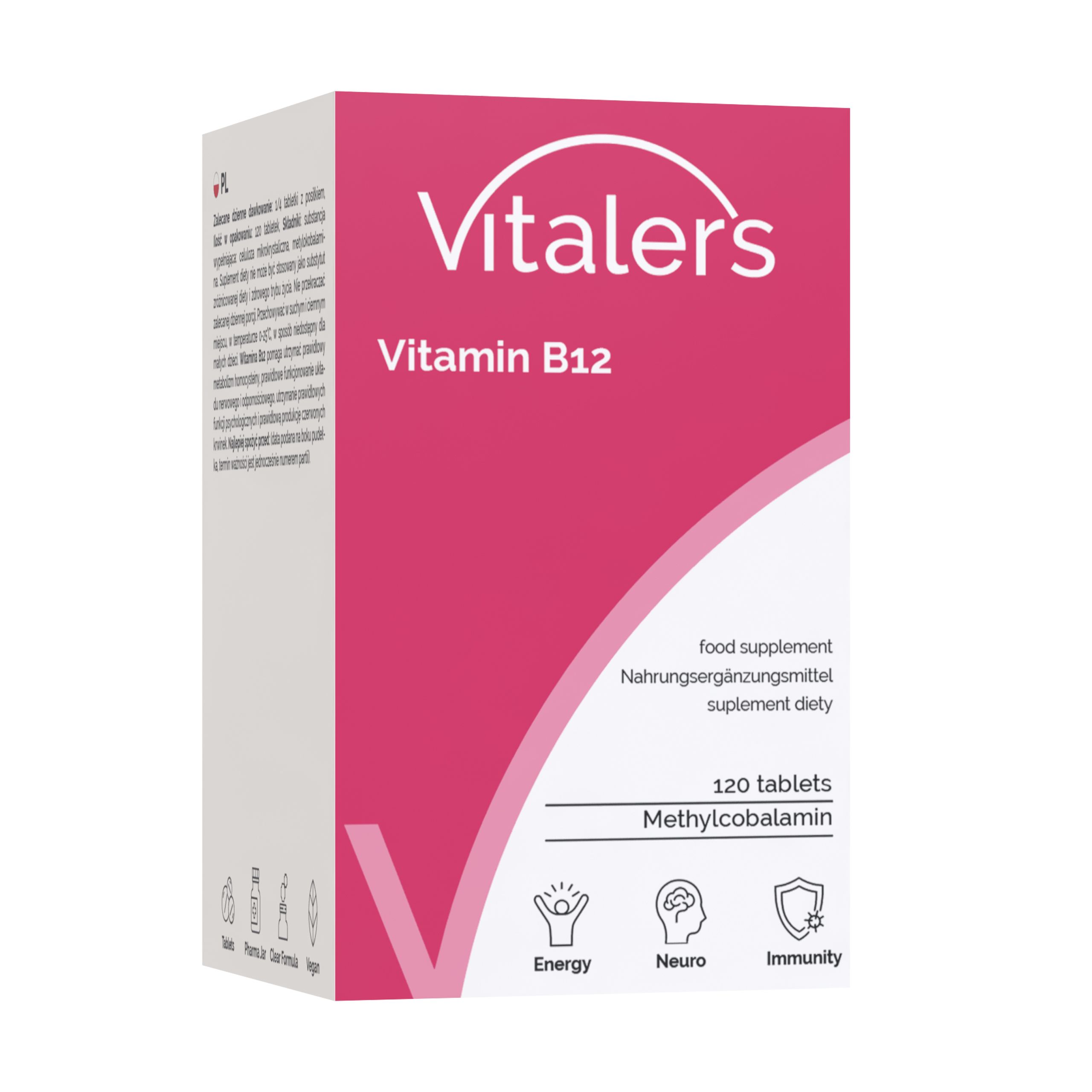 Vitaler's Vitamin B12 100 µg: Rosa Kartonverpackung mit Produktinformationen und Icons für Energie, Nerven, Immunität.