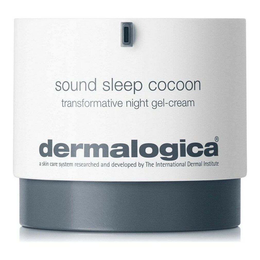 Zylinderförmige Dose mit weißem Deckel und grauem Boden. Aufschrift: sound sleep cocoon, Dermalogica.