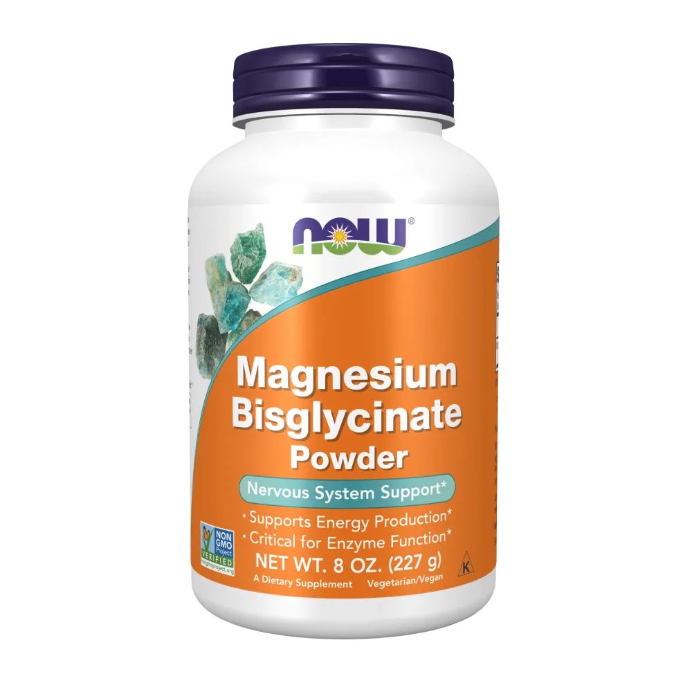Weiße Flasche mit blauem Deckel. Aufschrift: Magnesium Bisglycinat Powder. Enthält 227g. Vegetarisch/Vegan.