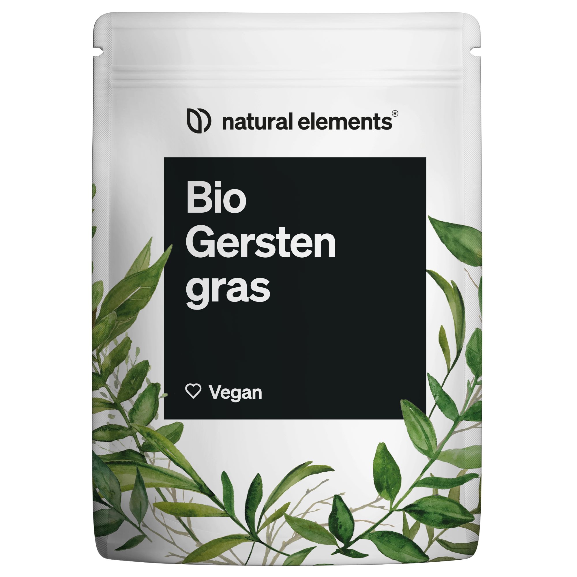 Weiße Standbeutel mit schwarzem Feld und Schriftzug "Bio Gerstengras". Logo "natural elements". Vegan-Siegel. Grüne Blätter als Dekoration.