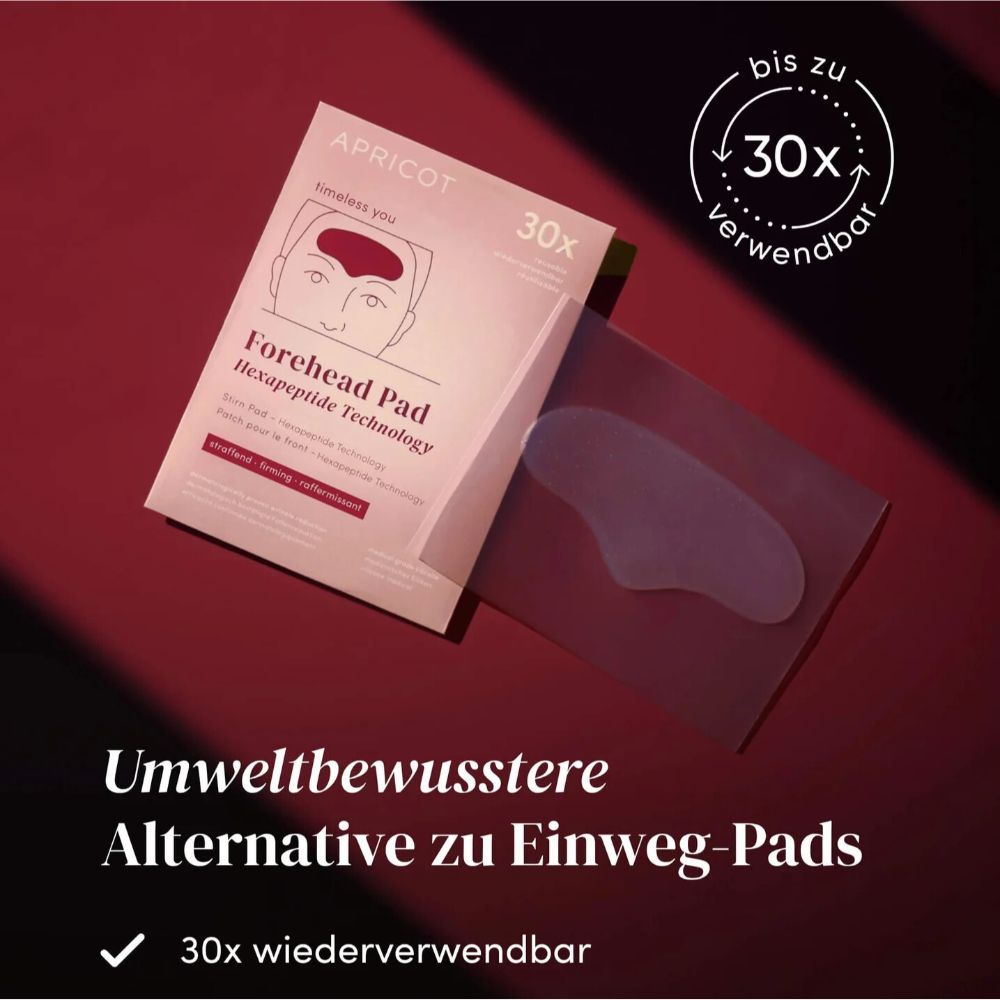 Verpackung mit Produktname APRICOT, Forehead Pad, Hexapeptide Technology. 30x wiederverwendbar. Umweltbewusste Alternative.