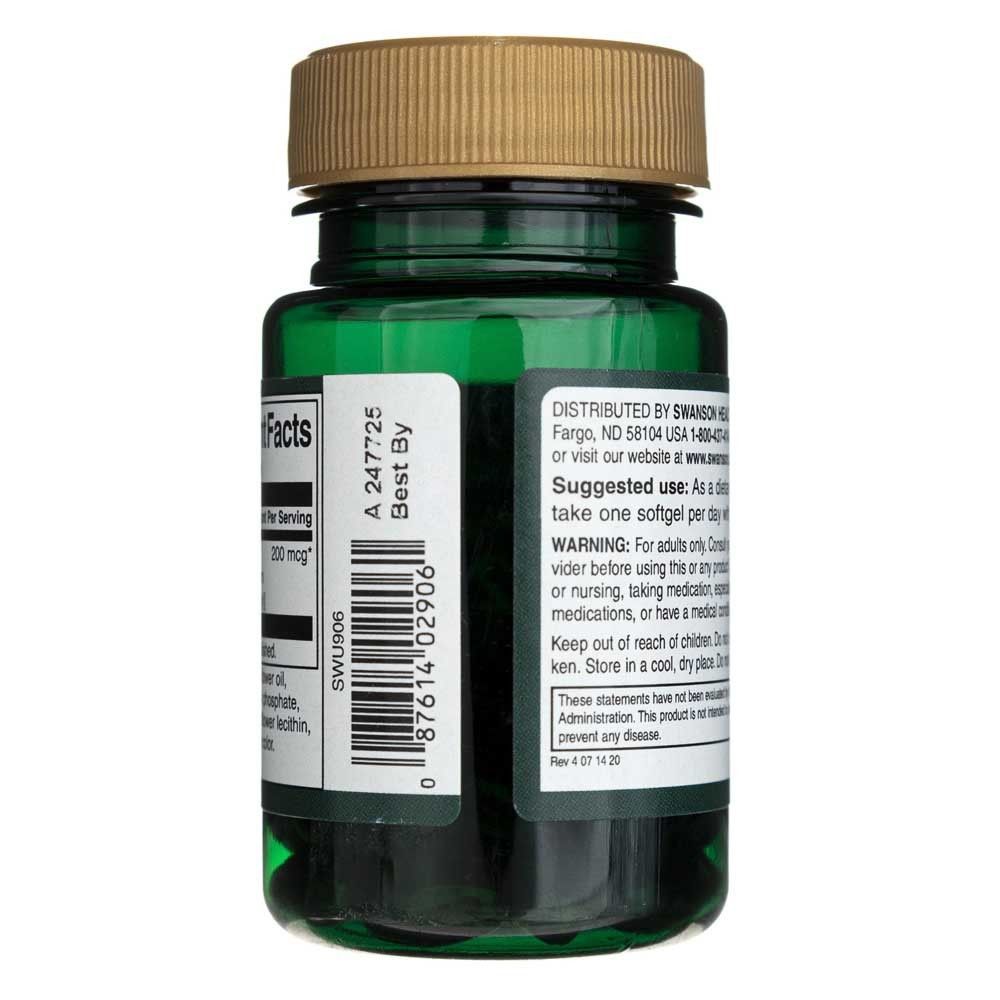 Seite einer grünen Flasche mit Swanson Real Food K2, Barcode und Haltbarkeitsdatum.