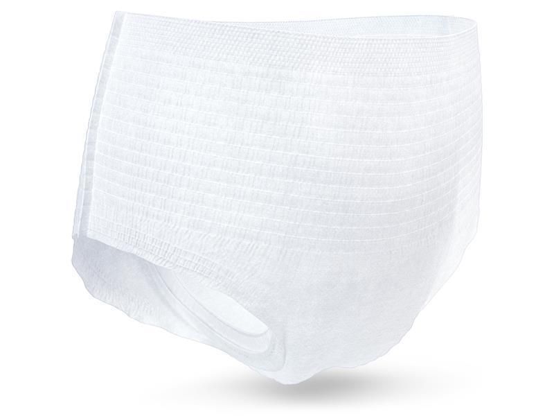 Weiße TENA Pants Plus M. Inkontinenzhose, Ansicht von vorne. Strukturierter Stoff, ohne weitere Details.