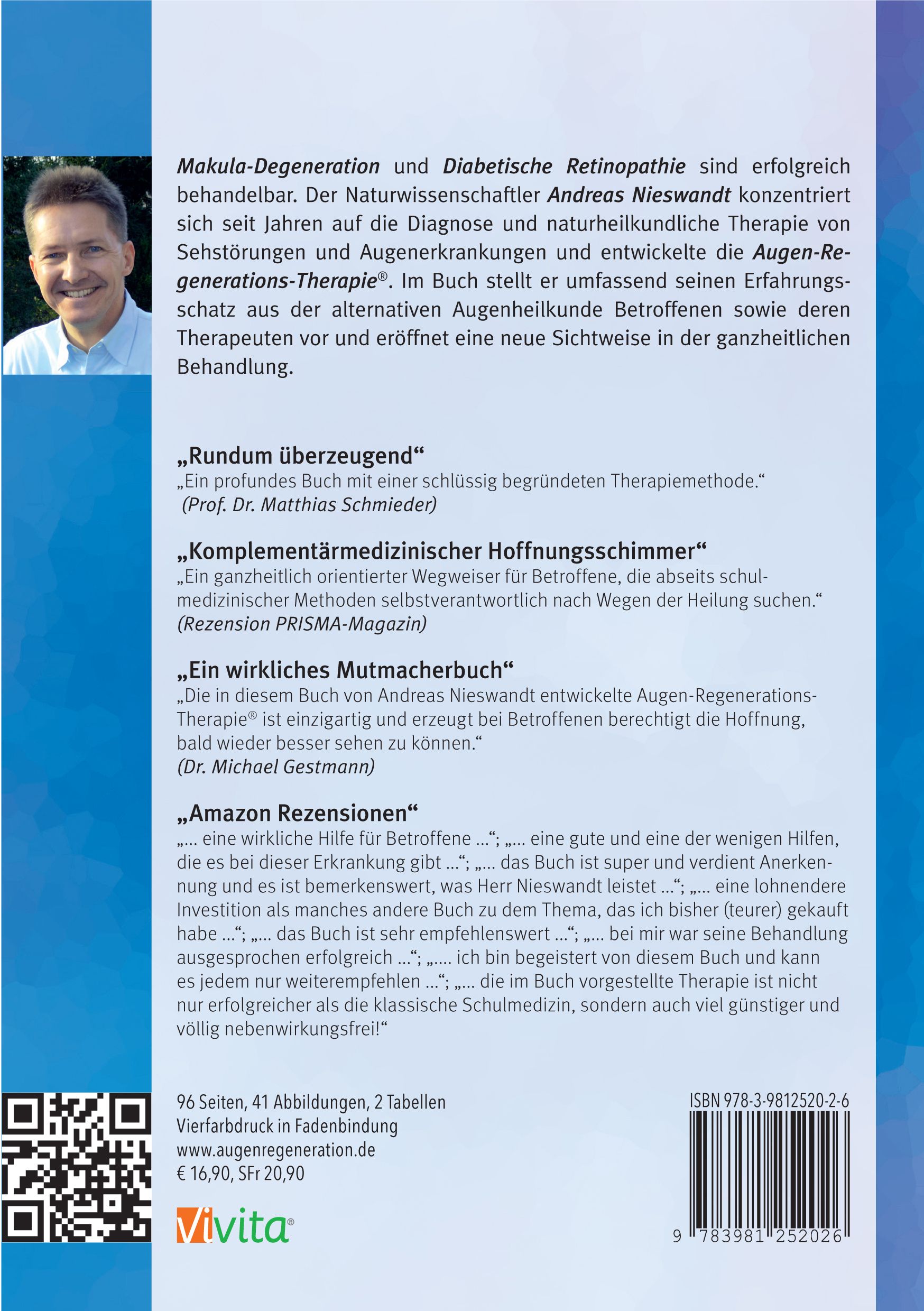 Rückseite des Buches "Makula-Degeneration Diabetische Retinopathie". Text, QR-Code, Verlag Vivita. 96 Seiten, Abbildungen, Tabellen. Preis: 16,90€.