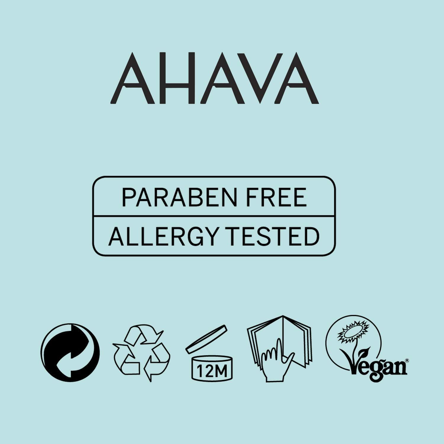 Ahava Logo, "Paraben Free", "Allergy Tested", Recycling- und Vegan-Symbole.