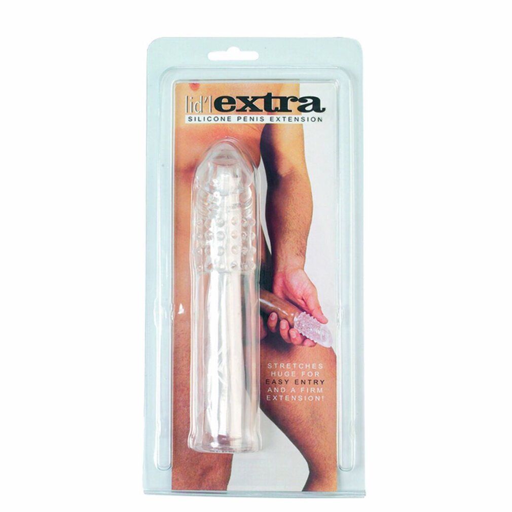 Verpackung mit Penisverlängerung aus Silikon. Produktname: lidl extra. Transparentes Produkt, Mann im Hintergrund.