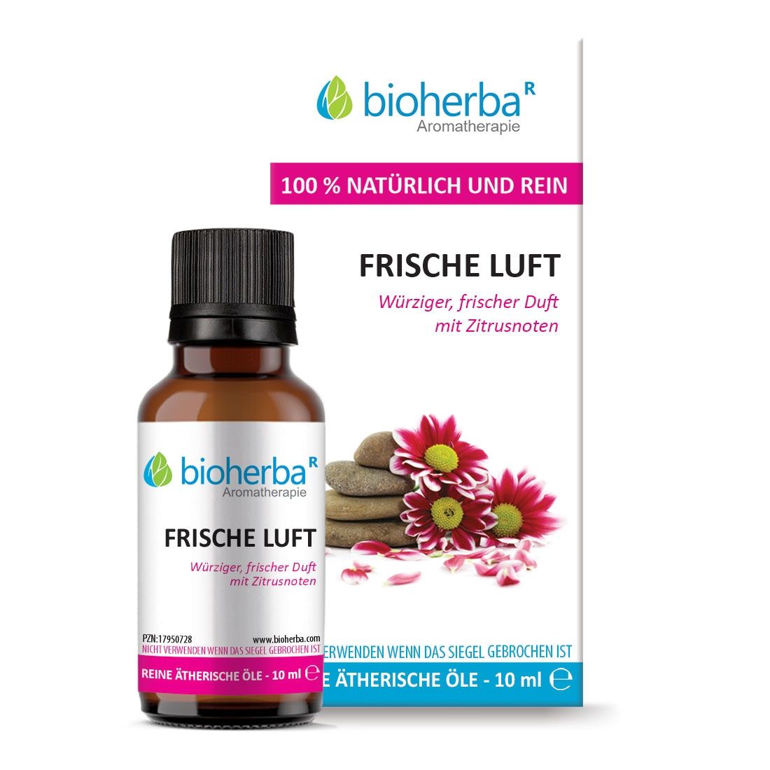 Braune Glasflasche mit schwarzem Deckel. Aufschrift: Bioherba, Frische Luft. Daneben Verpackung mit Text: 100% natürlich und rein.