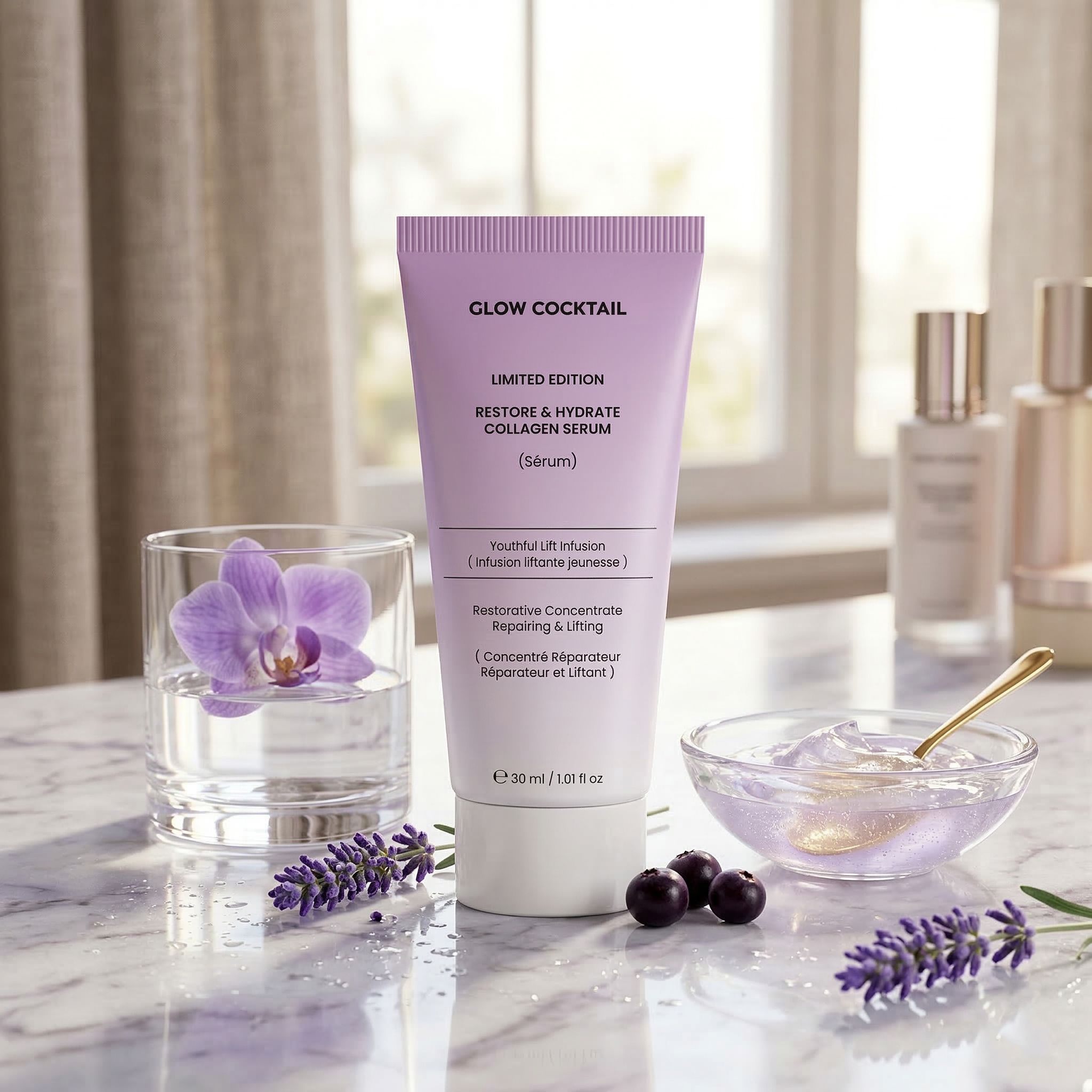 Eine hellviolette Tube mit "Glow Cocktail Restore & Hydrate Collagen Serum" Aufschrift, umgeben von Lavendel und einer Orchidee.