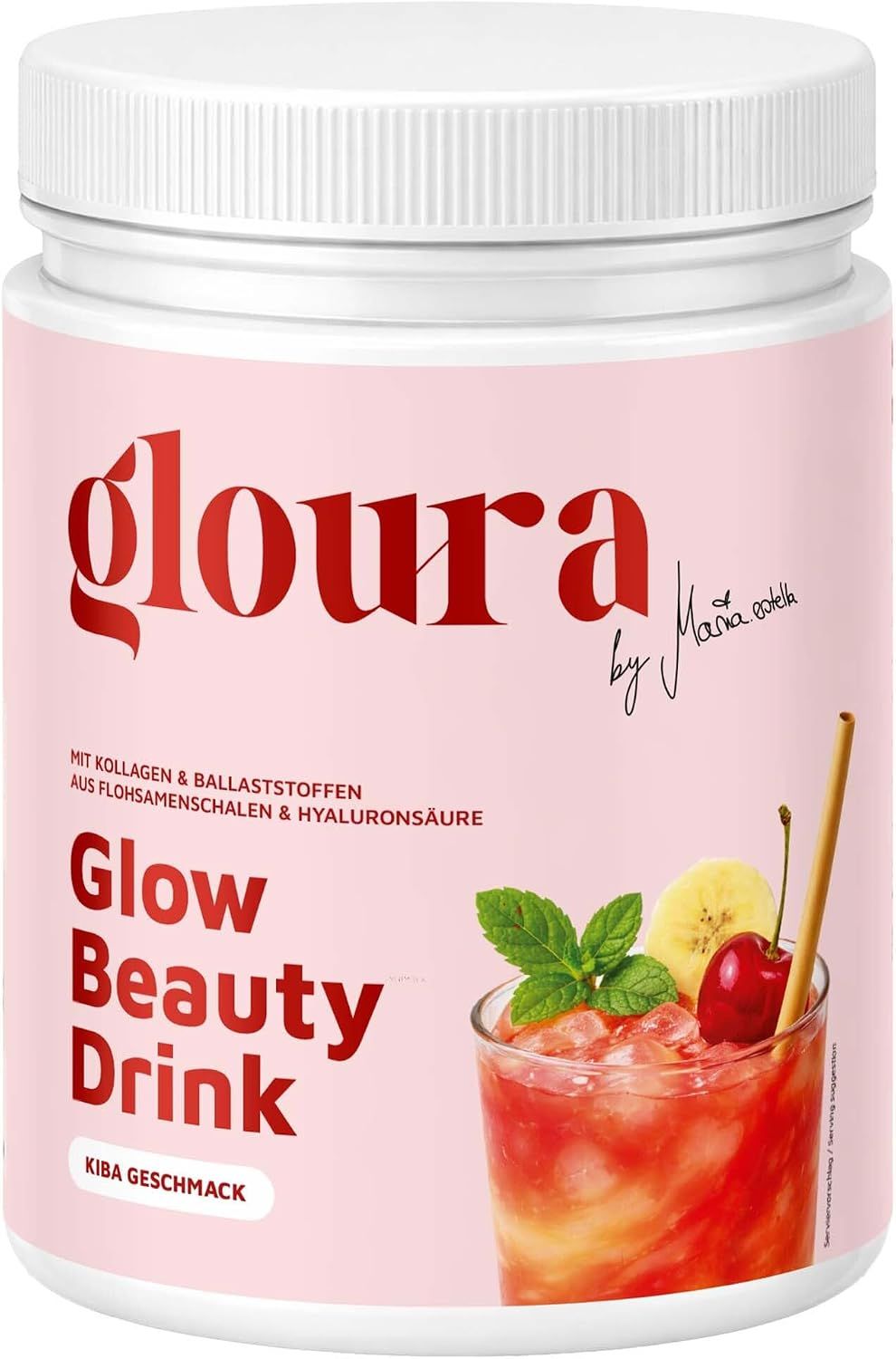 Gloura Glow Beauty Drink Pulver in weißem Behälter mit rosa Etikett. Enthält Kollagen & Ballaststoffe.