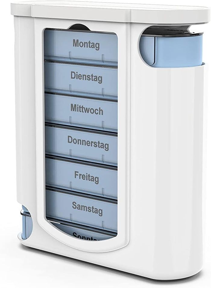 Weiße Tablettenbox mit blauen Schubladen, beschriftet mit Wochentagen. Seitenansicht.