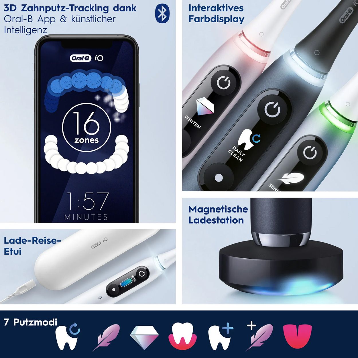 Smartphone mit App, drei elektrische Zahnbürsten. Ladestation. 7 Putzmodi. Text: Oral-B iO.
