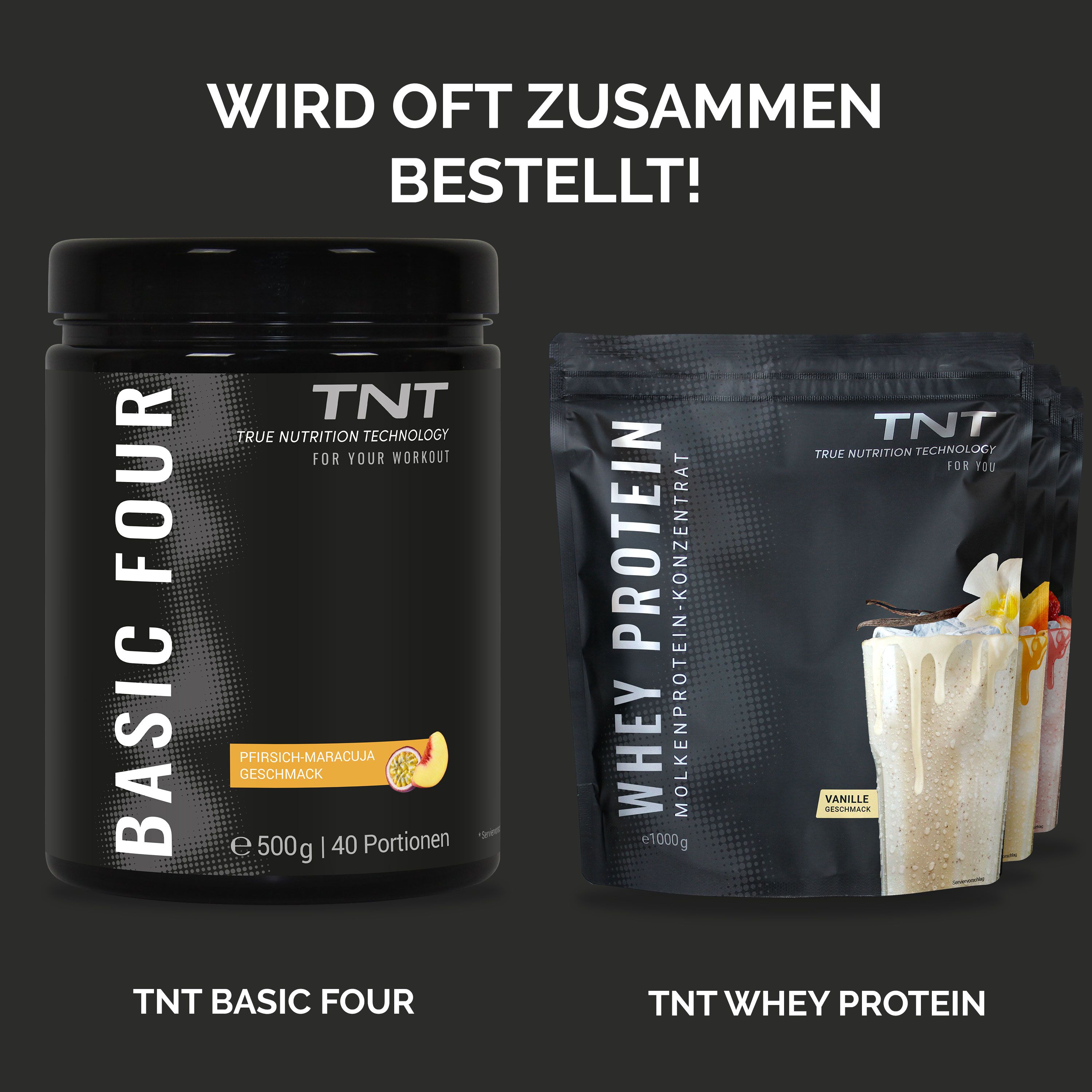 Dose BASIC FOUR, Pfirsich-Maracuja-Geschmack, 500g, 40 Portionen. Logo: TNT. Beutel: Whey Protein, Vanille, 1000g.