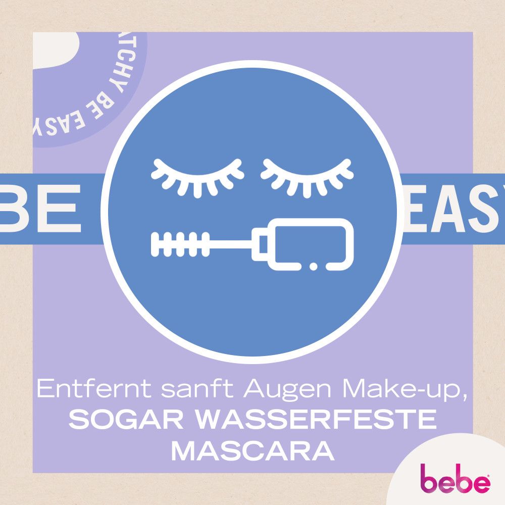 Blaues rundes Symbol mit Wimpern und Mascara-Bürste. Text: "Entfernt sanft Augen Make-up, SOGAR WASSERFESTE MASCARA". bebe Logo.