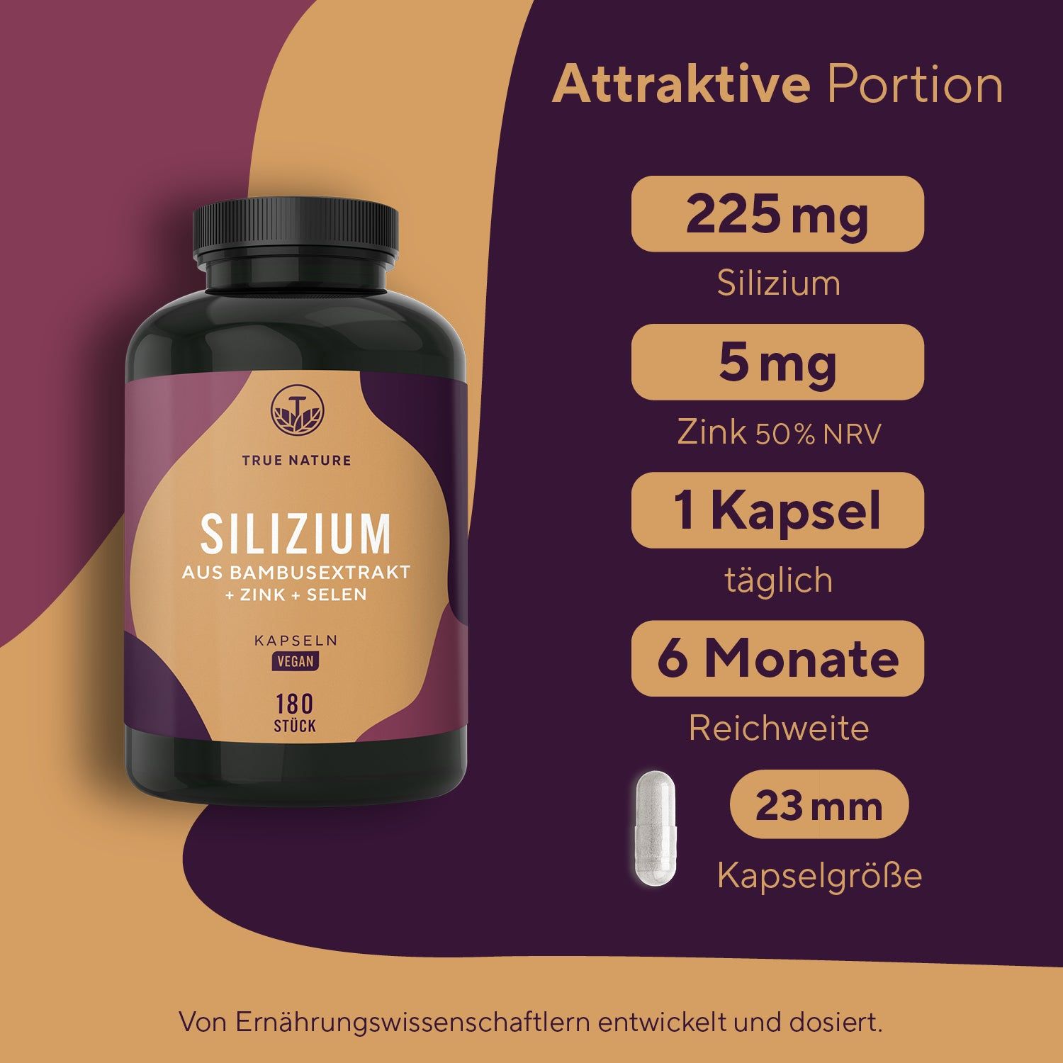 Dunkle Flasche mit Kapseln. Aufschrift: Silizium, Zink, Selen. 180 Kapseln. Vegan. 23mm Kapselgröße.