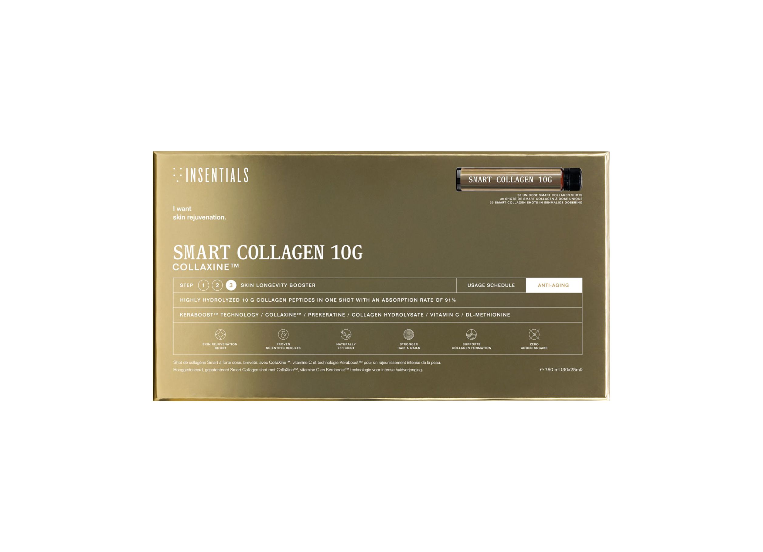 Goldene Verpackung mit einer einzelnen Ampulle Smart Collagen 10g, zeigt Produktvorteile und Icons.