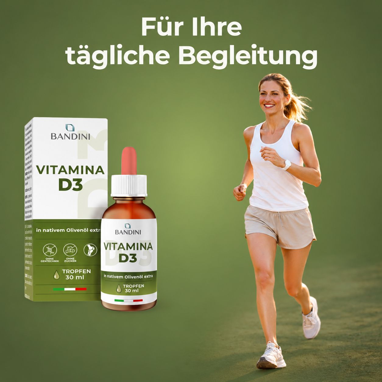 Bandini Vitamina D3 Tropfen in nativem Olivenöl extra, 30 ml.