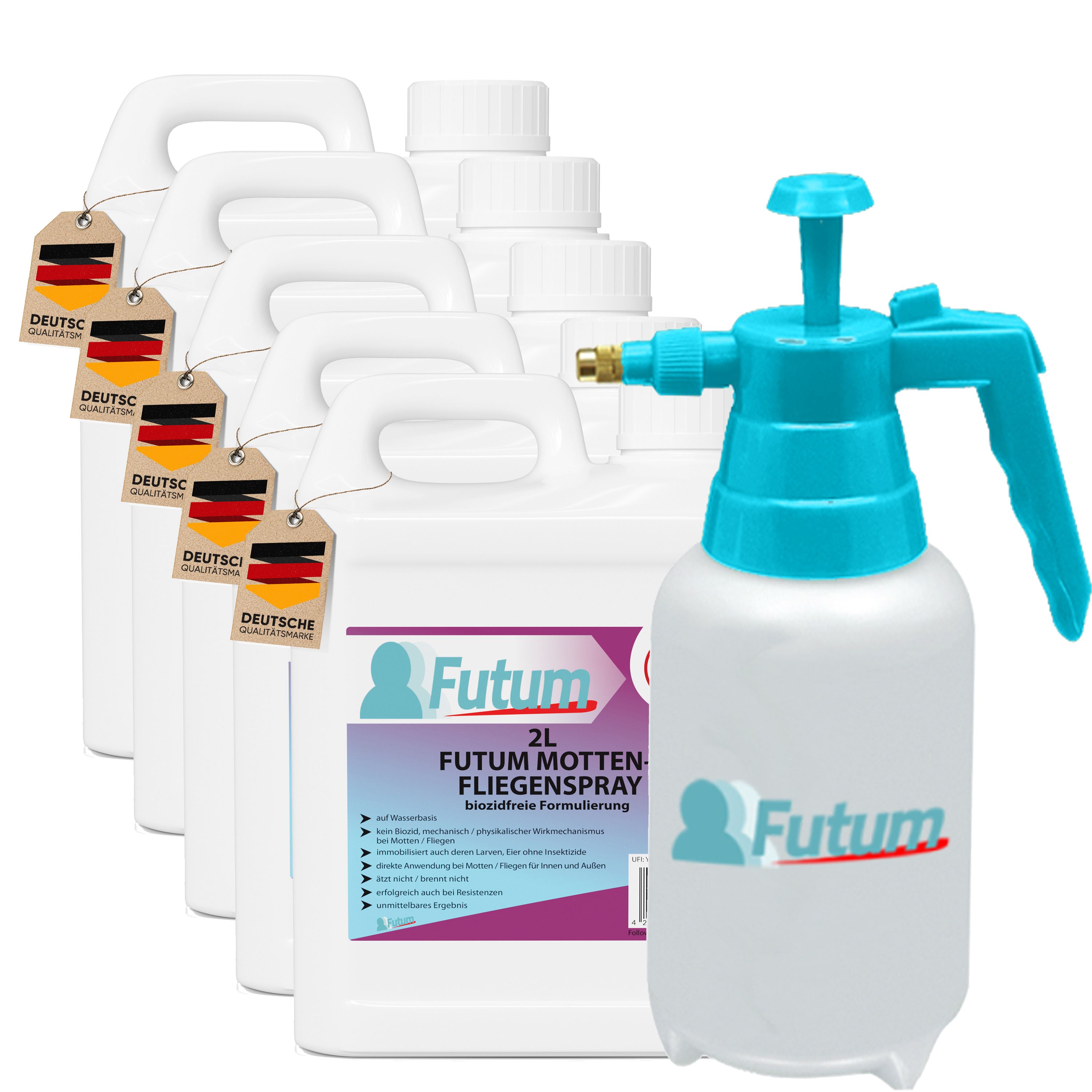 Fünf weiße Kanister und ein Sprüher. Auf den Kanistern Etiketten mit Produktinformationen und deutsche Flagge. Sprüher blau.