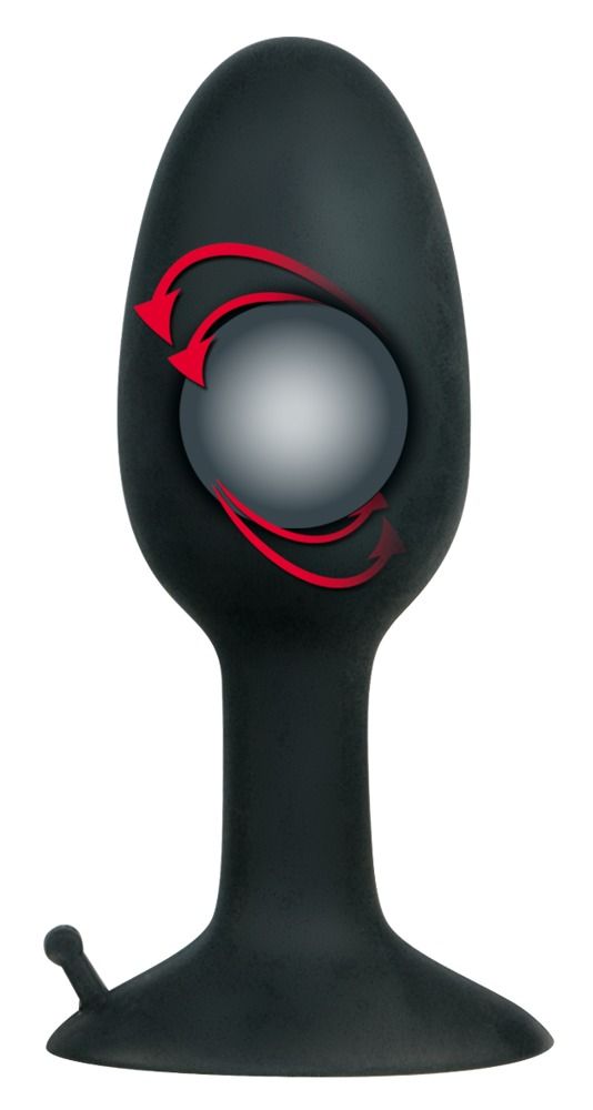 Schwarzer Analplug mit rotierender Kugel und roter Pfeildarstellung der Rotation.