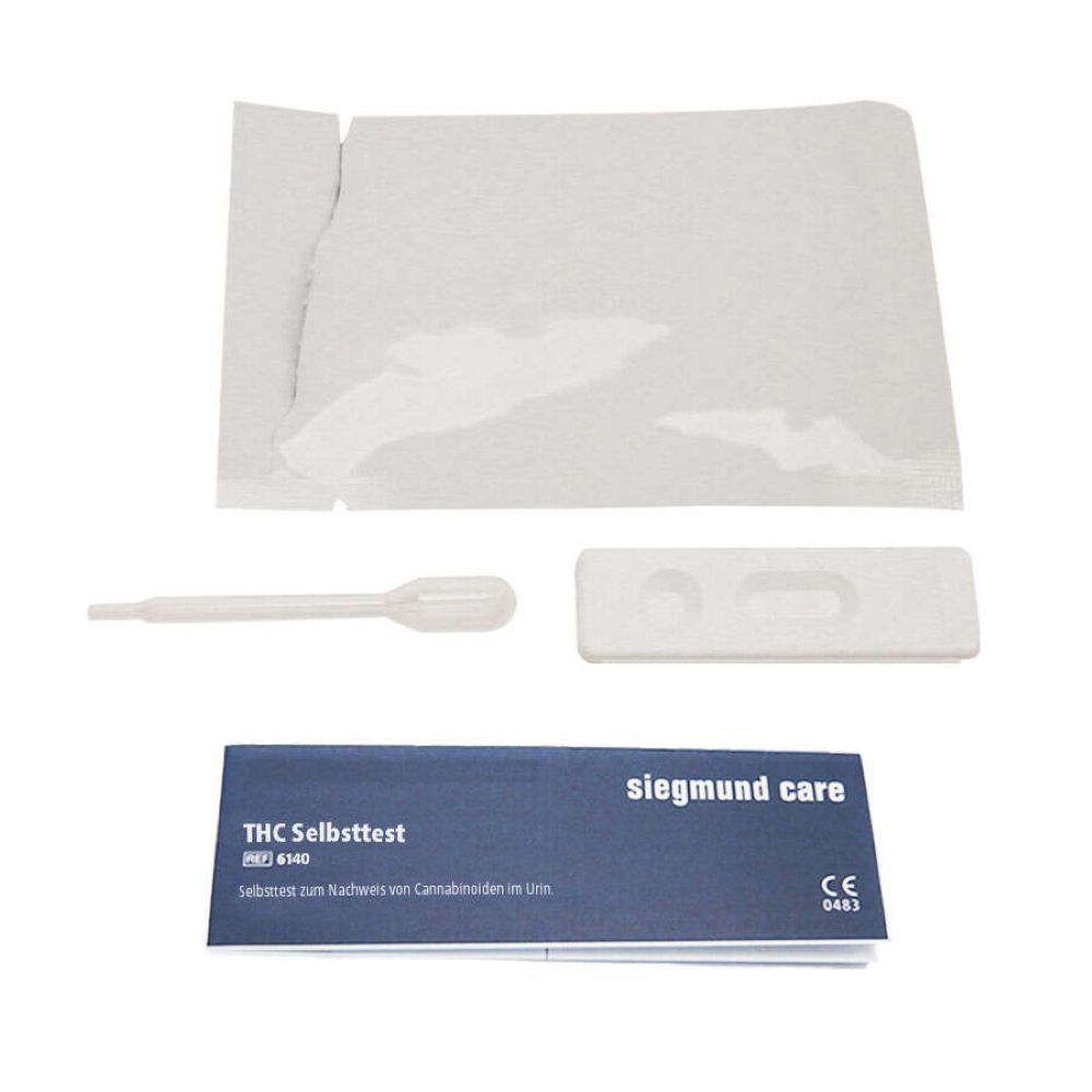 Testkit mit Beutel, Pipette, Teststreifen und Anleitung. "siegmund care" und CE-Kennzeichnung.