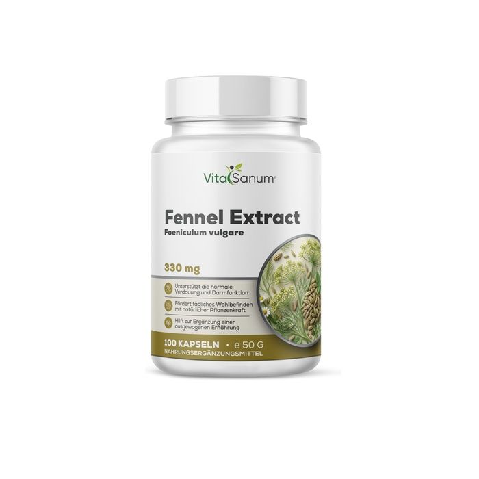 VitaSanum Fenchel-Extrakt Kapseln: Weißer Behälter mit Etikett, das Fenchel zeigt. 100 Kapseln, 330 mg.
