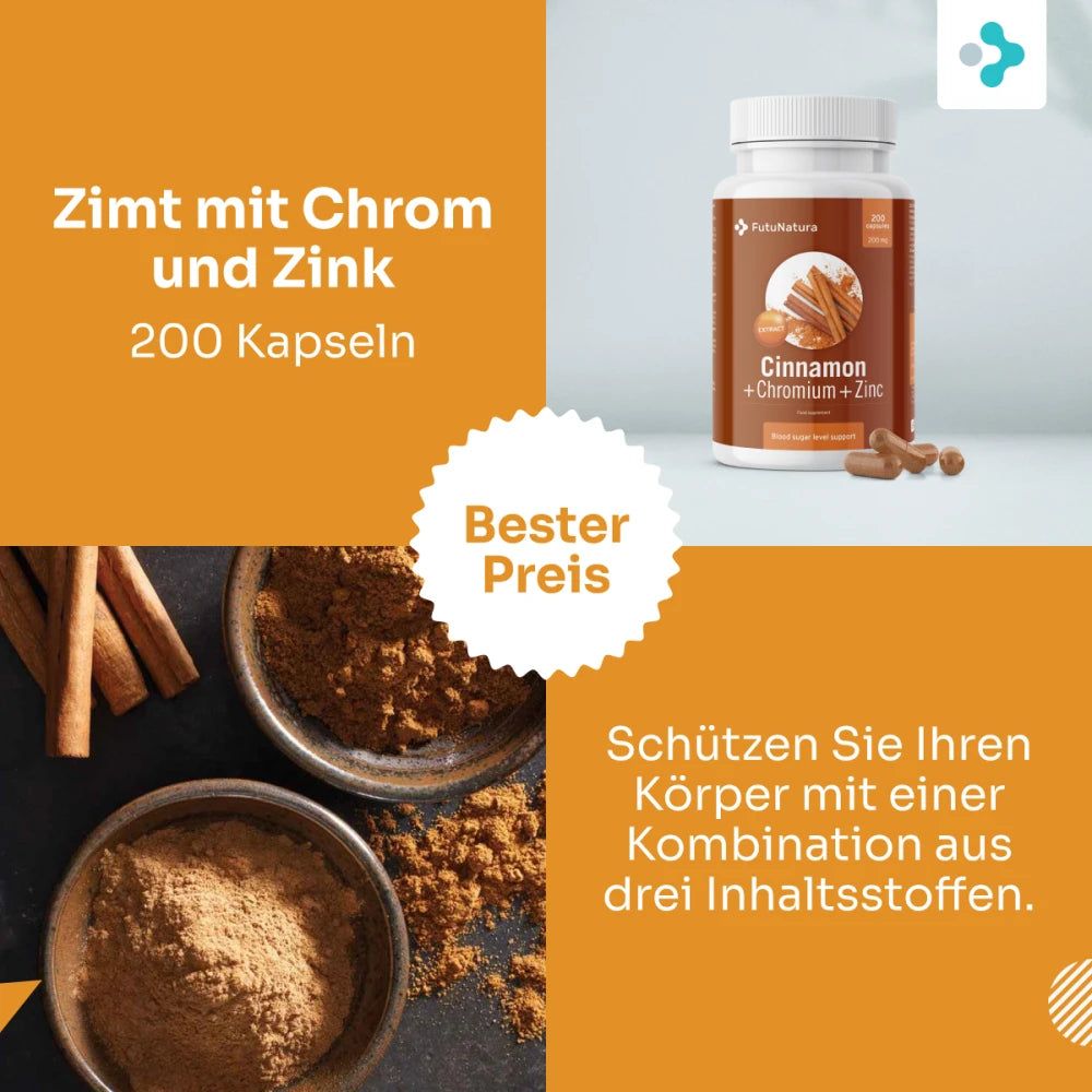 Produktabbildung mit Flasche und Kapseln. Aufschrift: Cinnamon + Chromium + Zinc. Zimtstangen und Pulver in Schalen.