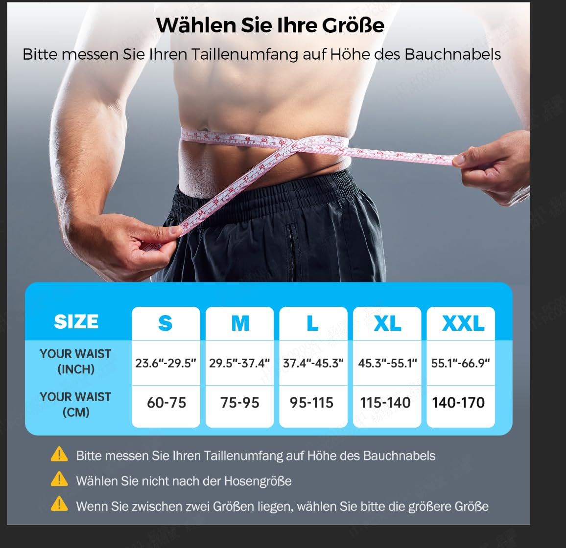 Größentabelle für Lendenstützgurte: S bis XXL, Taillenumfang in cm und Zoll.