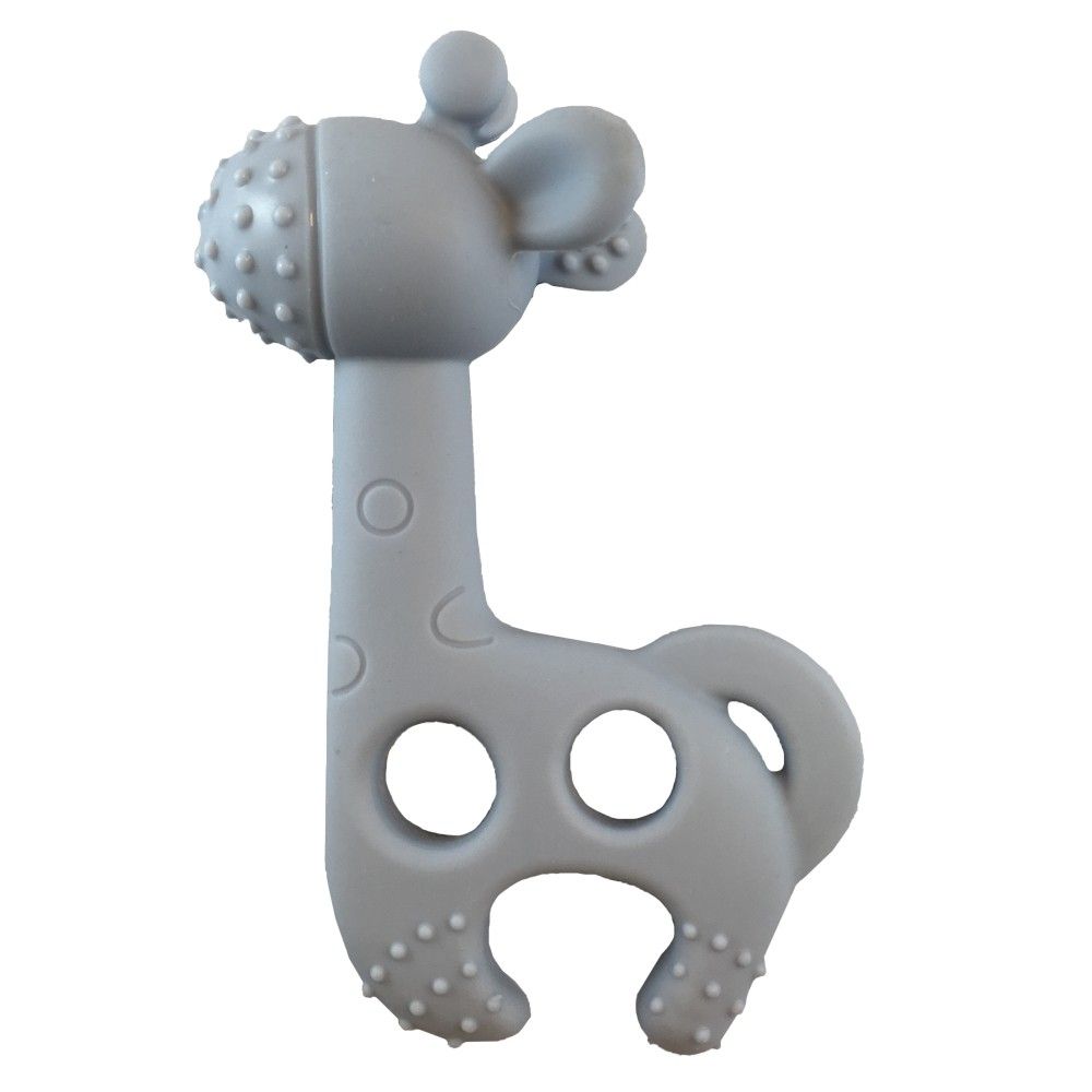 Grauer Giraffen-Beißring mit Noppen und Löchern. Giraffenform.