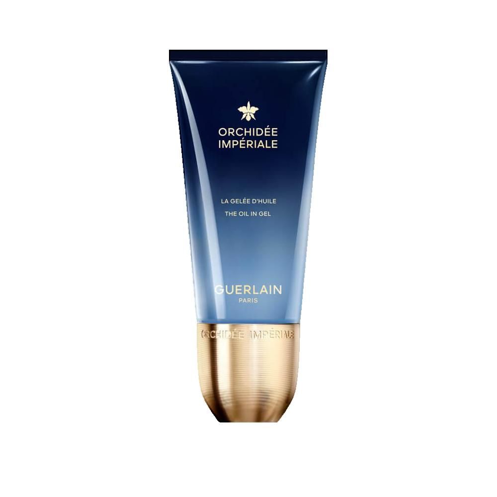 Blau-goldene Tube mit Produktnamen und Logo. Text: Orchidée Impériale, La Gelée d'Huile, Guerlain Paris.