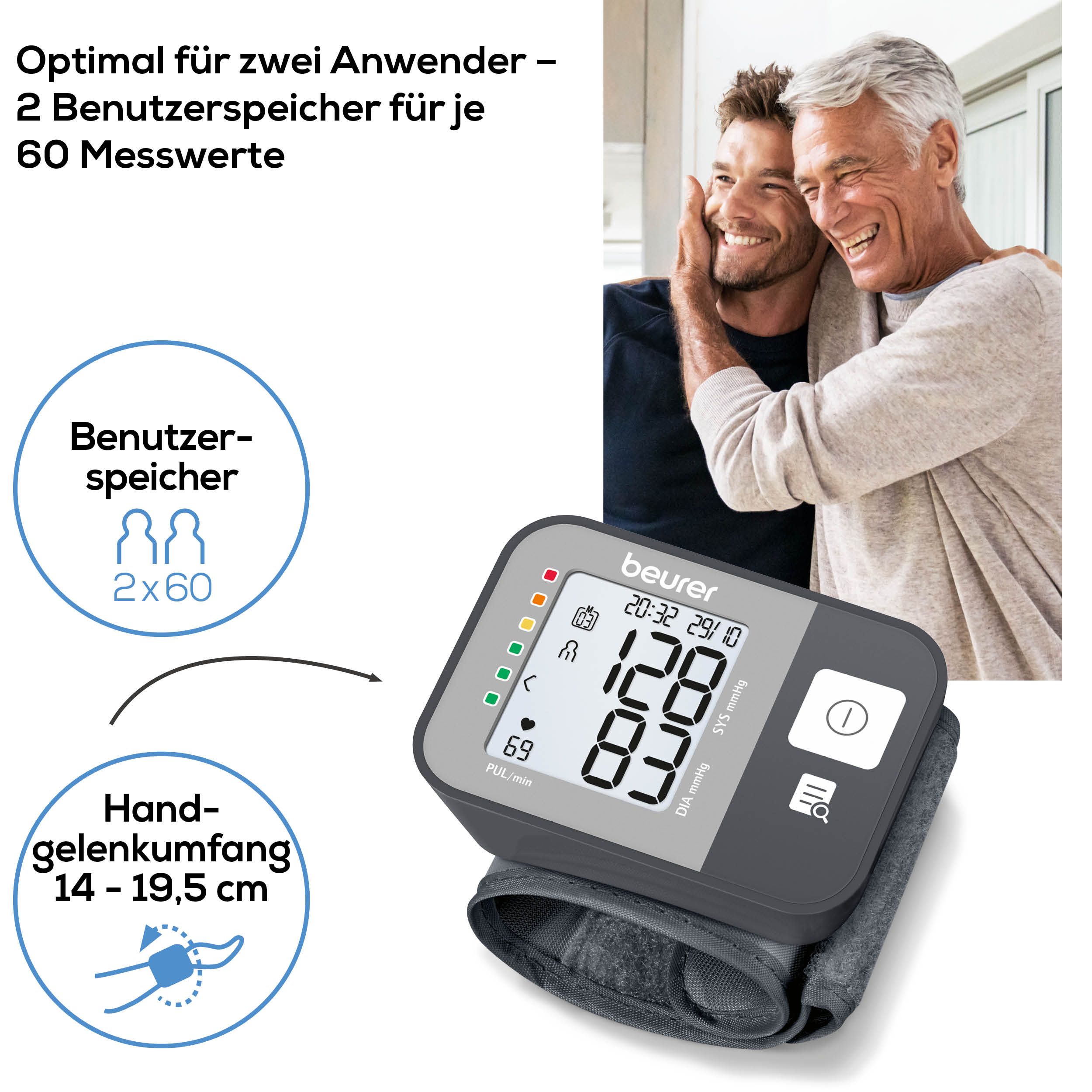 Handgelenk-Blutdruckmessgerät. Graues Gerät mit Display. Geeignet für Handgelenkumfang 14-19,5 cm. Beurer.