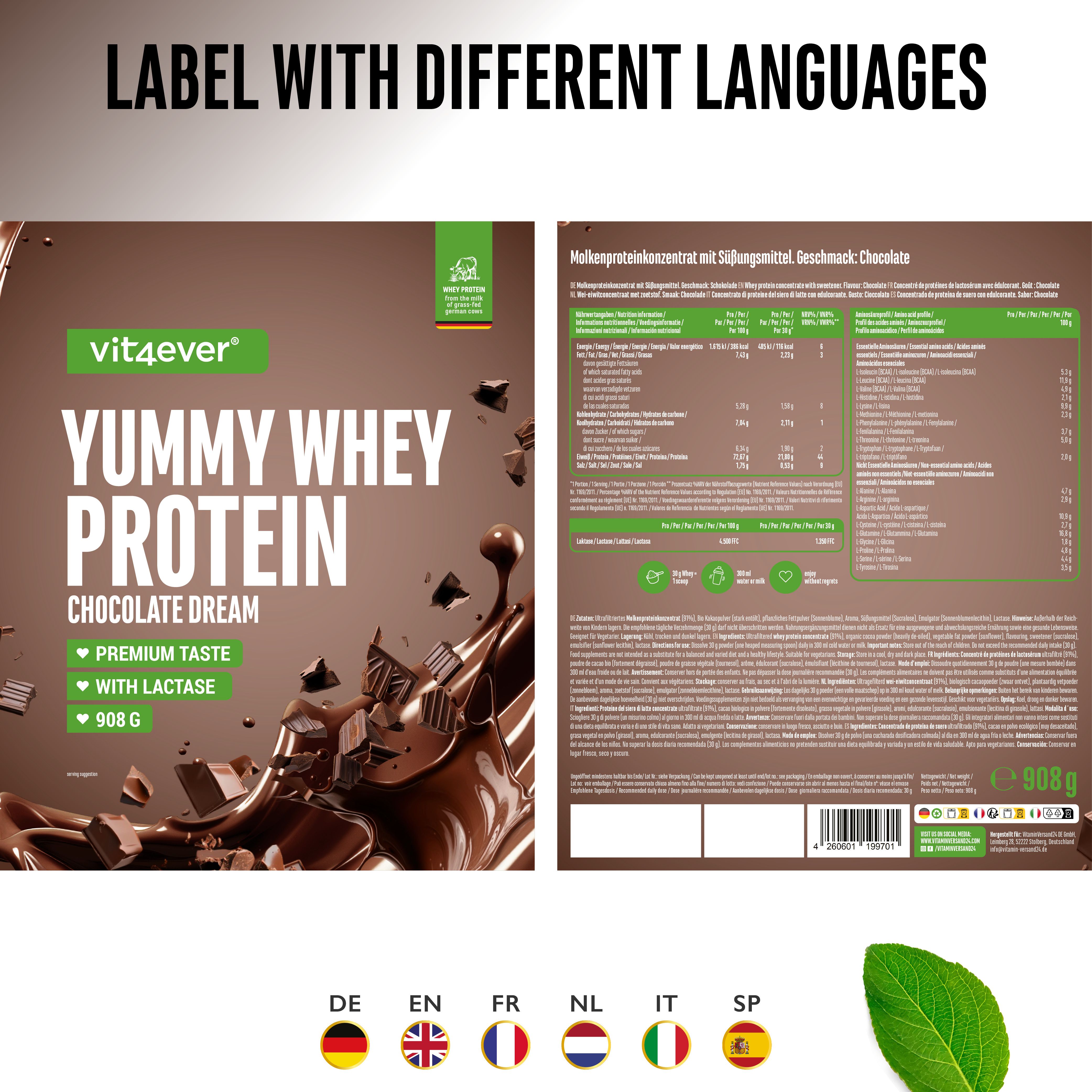 Produktetikett "Yummy Whey Protein" mit verschiedenen Sprachversionen. Enthält Informationen in mehreren Sprachen.
